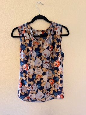 Floral Navy Sleeveless Tie-Neck Blouse